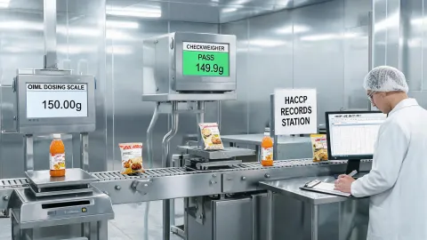 Food packaging line with checkweigher