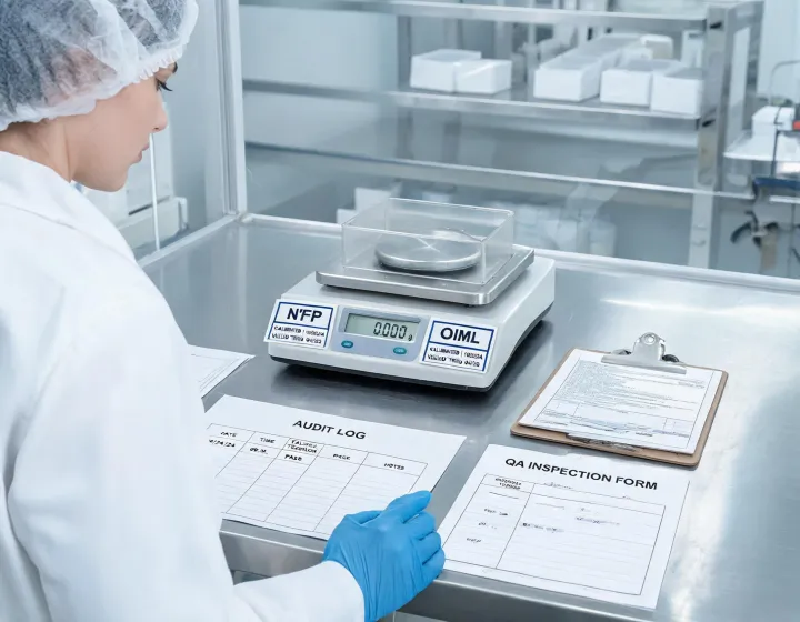 Pharmaceutical technician reviewing a dispensing balance with calibration tags