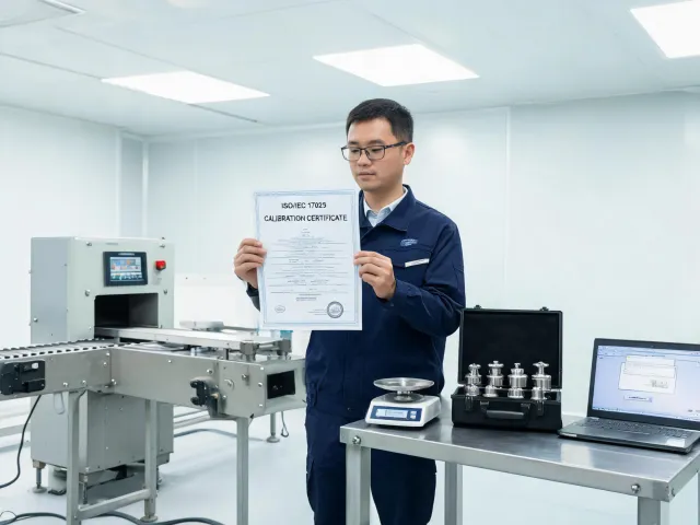 Service engineer reviewing calibration records beside weighing equipment